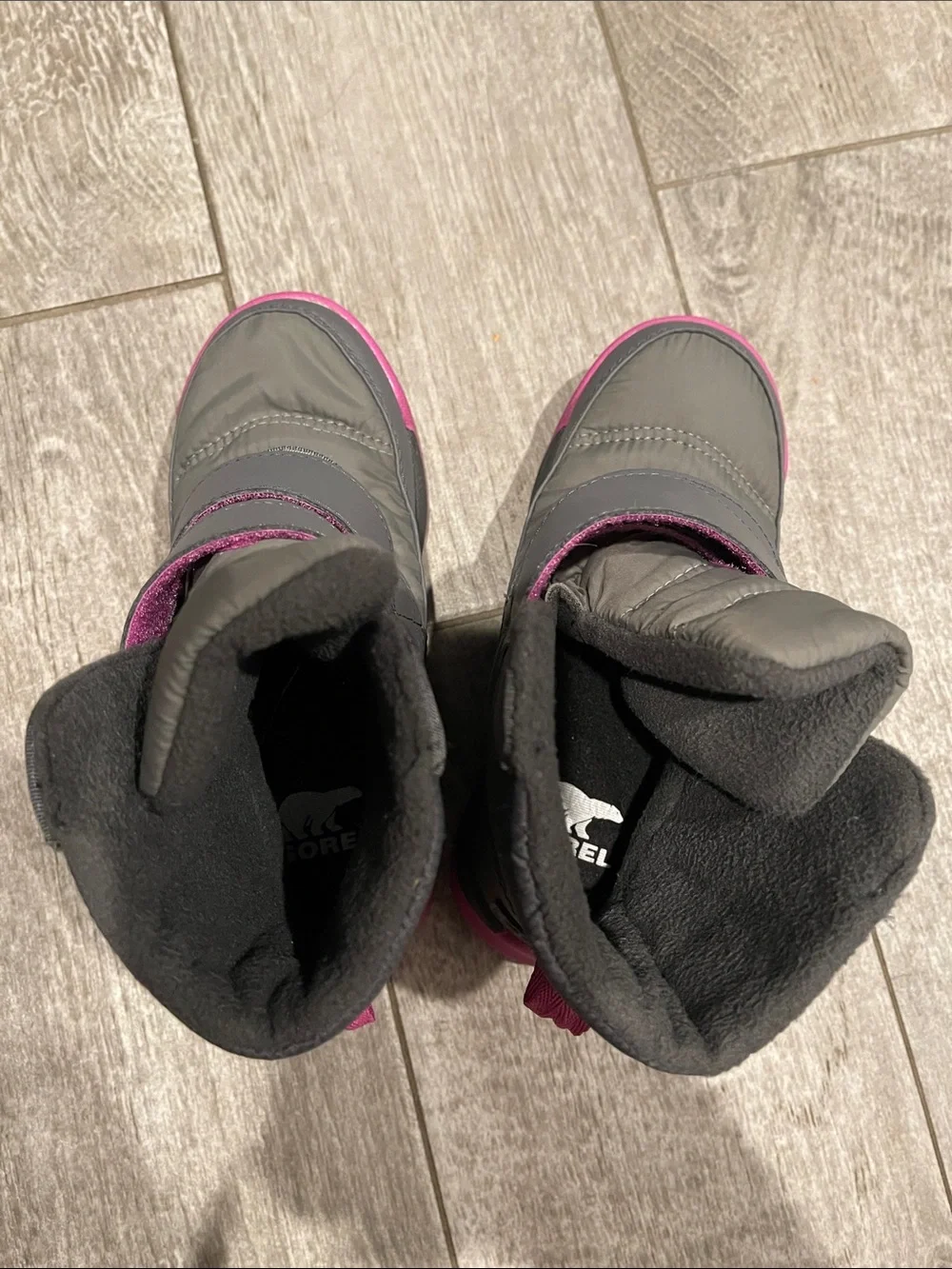 Sorel Kids Grey and Pink Hook-and-Loop Winter Boots